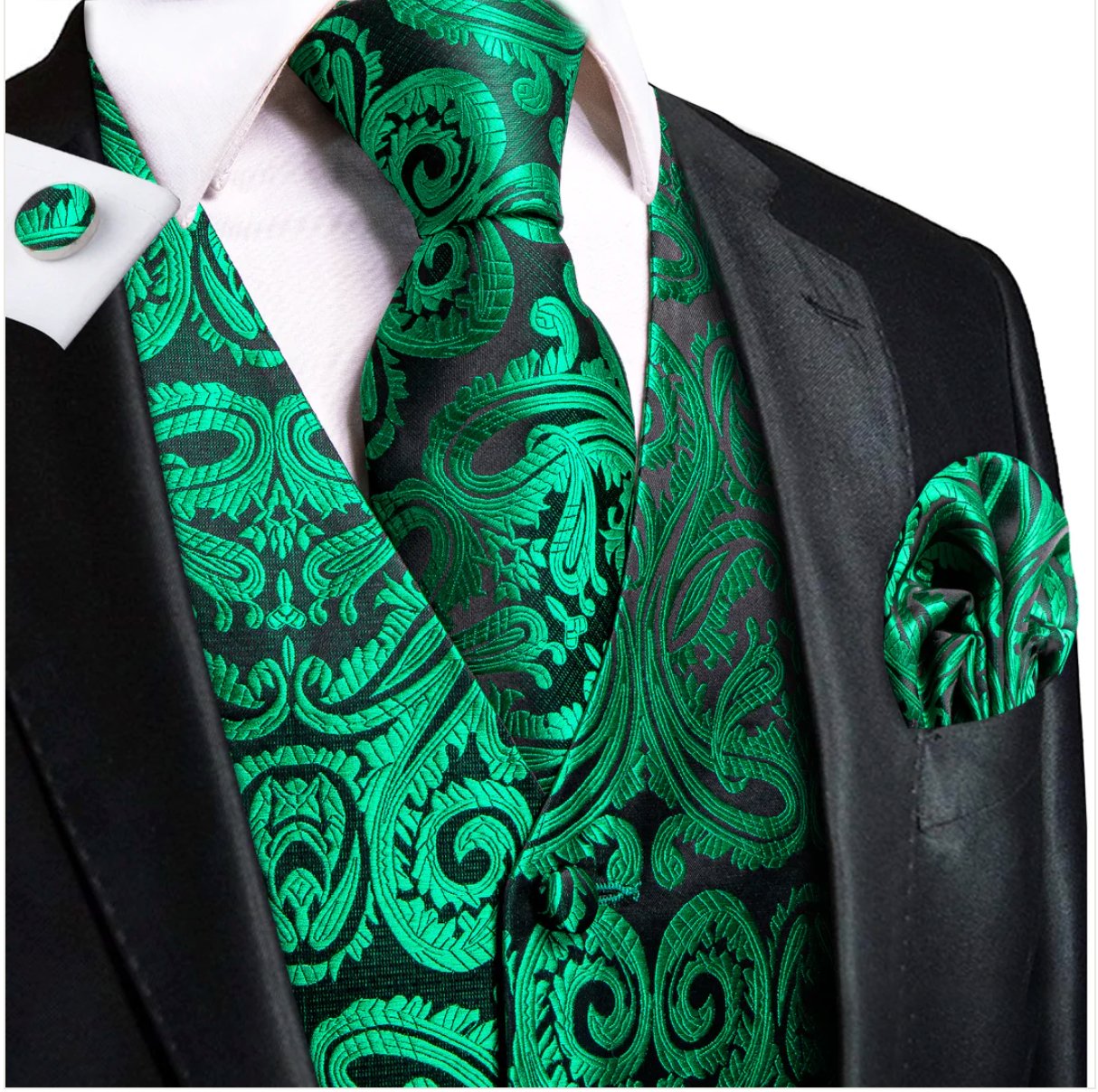 New Green Paisley Silk Men's Vest Hanky Cufflinks Tie Set Waistcoat Suit Set-MJ-0048 - SimonVon Shop