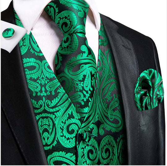 New Green Paisley Silk Men's Vest Hanky Cufflinks Tie Set Waistcoat Suit Set - MJ - 0048 - SimonVon Shop