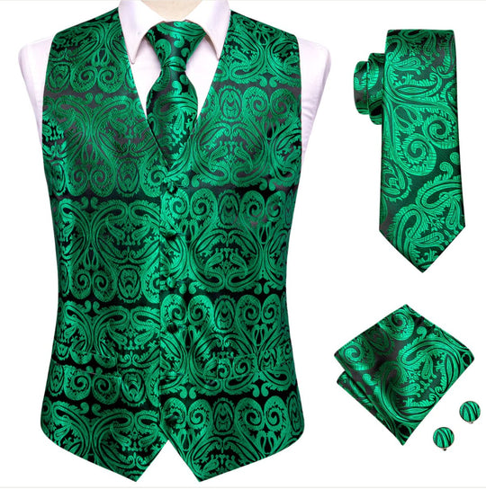 New Green Paisley Silk Men's Vest Hanky Cufflinks Tie Set Waistcoat Suit Set - MJ - 0048 - SimonVon Shop