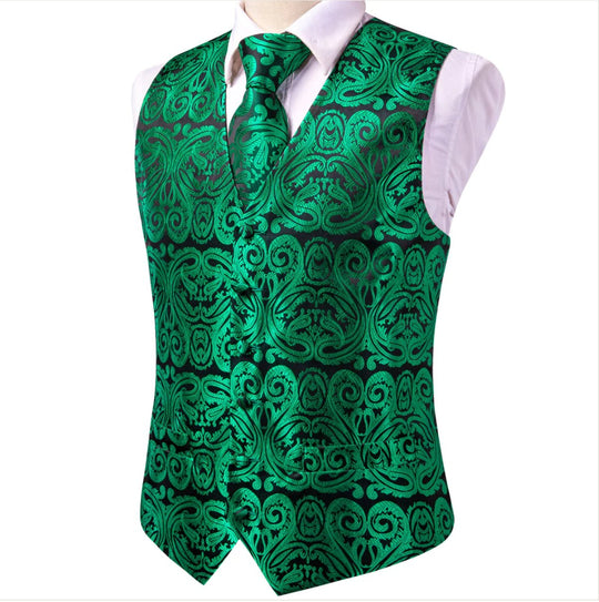 New Green Paisley Silk Men's Vest Hanky Cufflinks Tie Set Waistcoat Suit Set - MJ - 0048 - SimonVon Shop