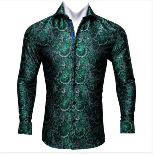 New Green Silk Paisley Tribal Long Sleeve Men's Shirt - CY - 0045 - SimonVon Shop