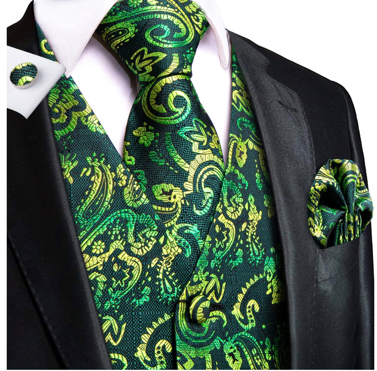 New Green Yellow Paisley Silk Men's Vest Hanky Cufflinks Tie Set Waistcoat Suit Set-MJ-0194 - SimonVon Shop