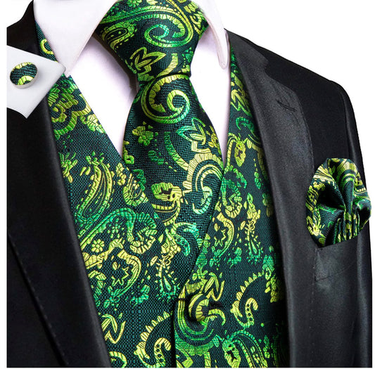 New Green Yellow Paisley Silk Men's Vest Hanky Cufflinks Tie Set Waistcoat Suit Set - MJ - 0194 - SimonVon Shop