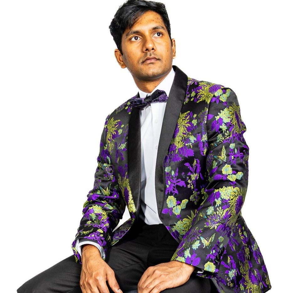 New Luxury Black Yellow Purple Floral Men's Blazer- XX-1003 - SimonVon Shop