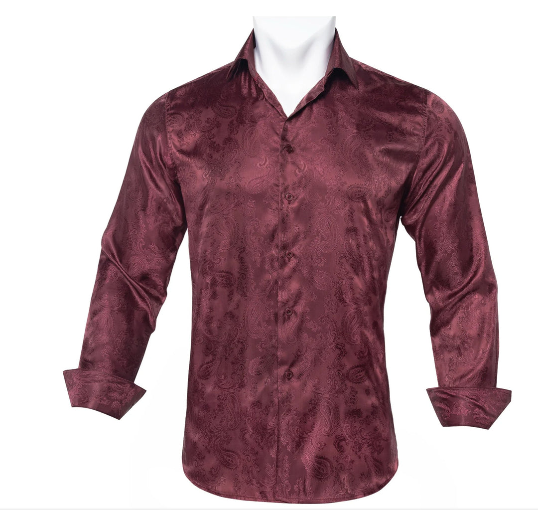 New Maroon Paisley Silk Men's Long Sleeve Shirt - CY - 1014 - SimonVon Shop