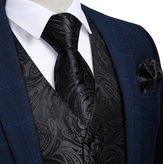 New Men's Black Floral Silk Vest Necktie Pocket Square Cufflinks - MJ - 0611 - SimonVon Shop