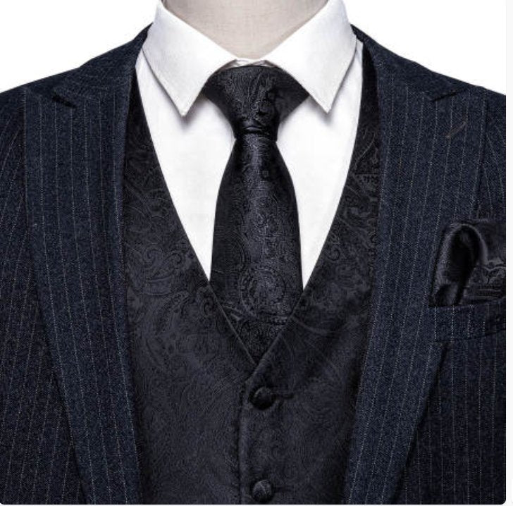 New Men's Black Paisley Silk Vest Necktie Pocket Square Cufflinks-MJ-2079 - SimonVon Shop