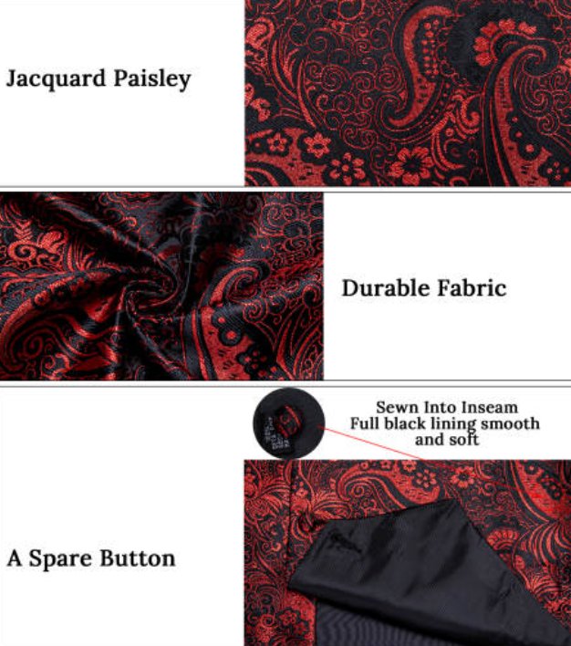 New Men's Red Black Paisley Silk Vest Necktie Pocket Square Cufflinks - MJ - 0127 - SimonVon Shop