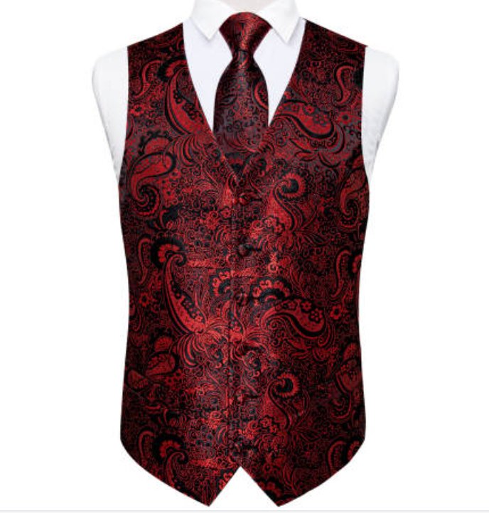 New Men's Red Black Paisley Silk Vest Necktie Pocket Square Cufflinks - MJ - 0127 - SimonVon Shop