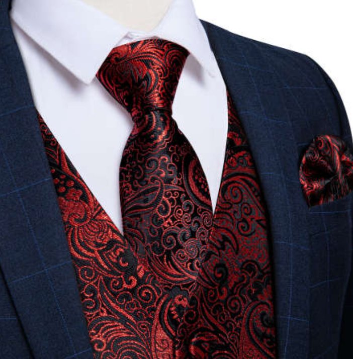 New Men's Red Black Paisley Silk Vest Necktie Pocket Square Cufflinks - MJ - 0127 - SimonVon Shop