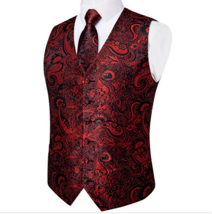 New Men's Red Black Paisley Silk Vest Necktie Pocket Square Cufflinks - MJ - 0127 - SimonVon Shop