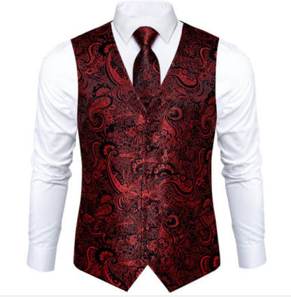 New Men's Red Black Paisley Silk Vest Necktie Pocket Square Cufflinks - MJ - 0127 - SimonVon Shop