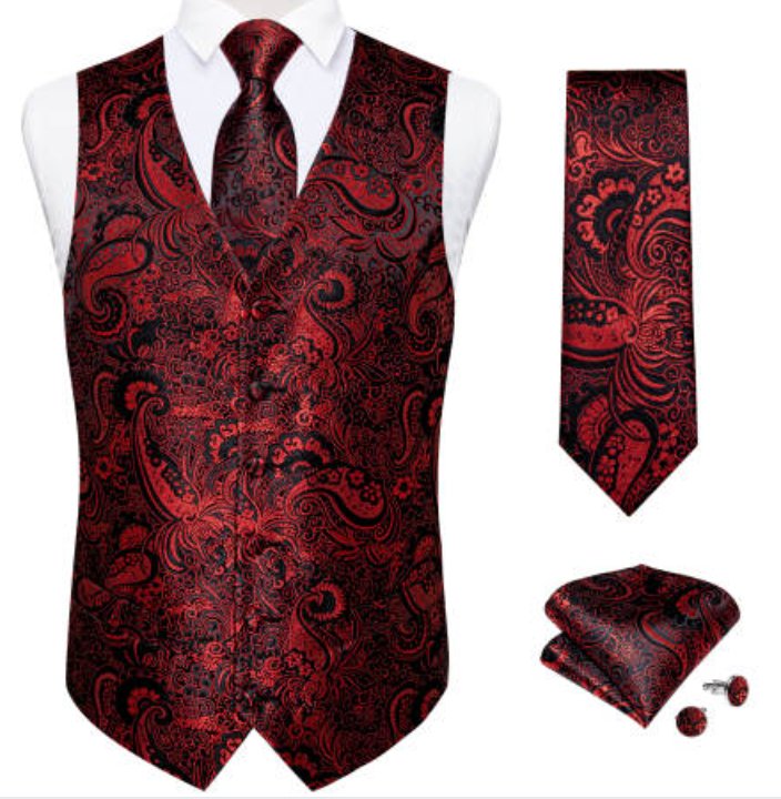 New Men's Red Black Paisley Silk Vest Necktie Pocket Square Cufflinks - MJ - 0127 - SimonVon Shop