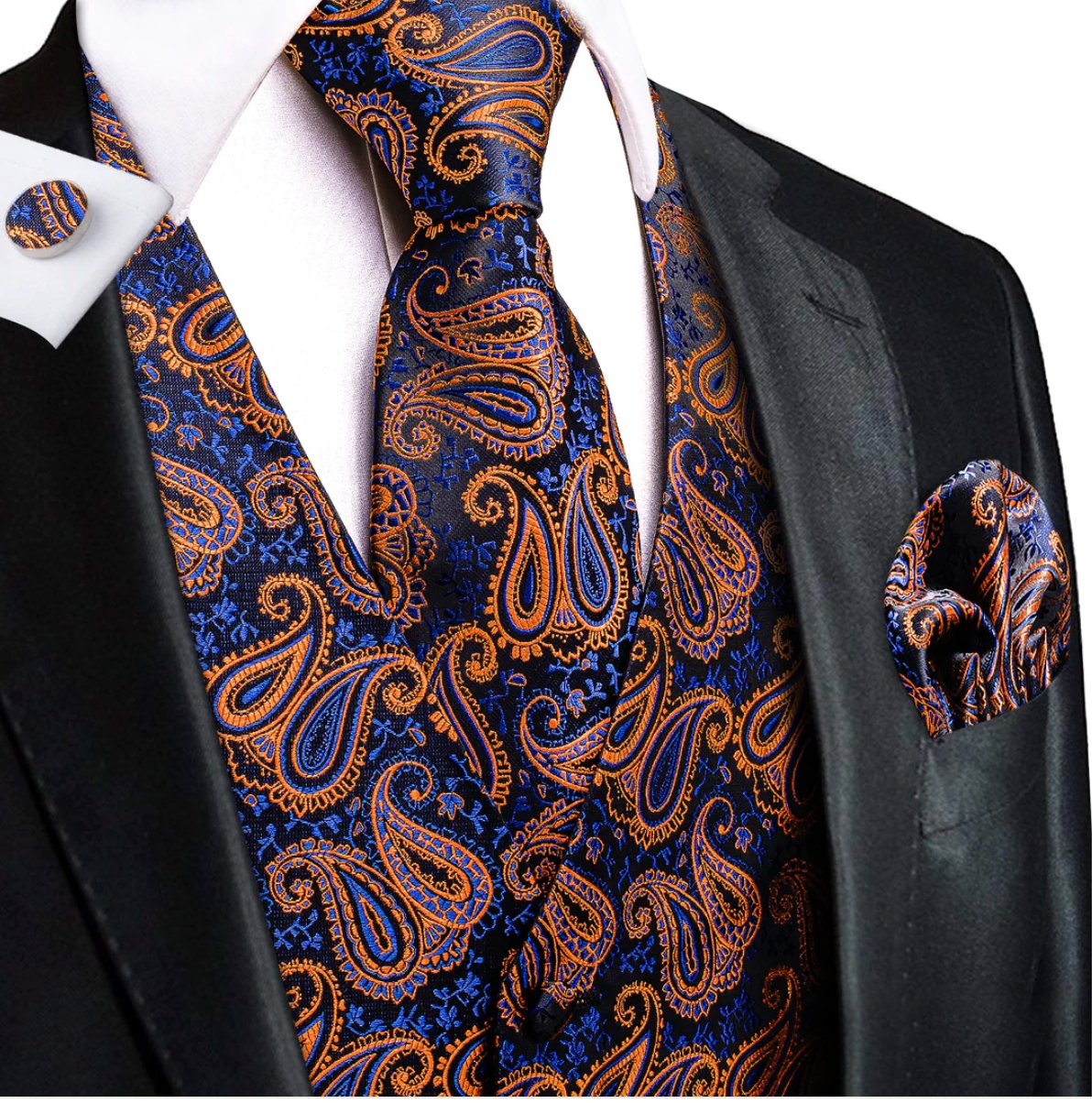 New Orange Blue Paisley Silk Men's Vest Hanky Cufflinks Tie Set Waistcoat Suit Set-MJ-3030 - SimonVon Shop