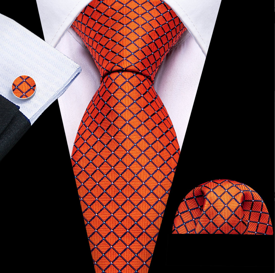 New Orange Plaid Silk Tie Handkerchief Cufflinks Set - N - 6484 - SimonVon Shop