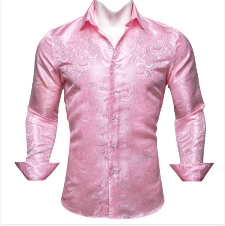 New Pink Paisley Silk Men's Long Sleeve Shirt Casual - CY - 0611 - SimonVon Shop