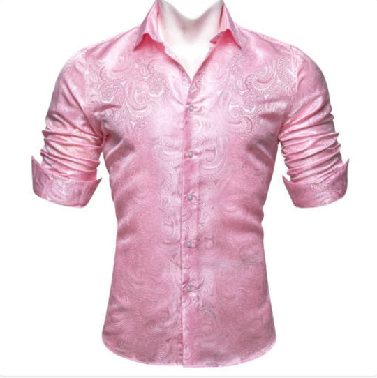 New Pink Paisley Silk Men's Long Sleeve Shirt Casual - CY - 0611 - SimonVon Shop