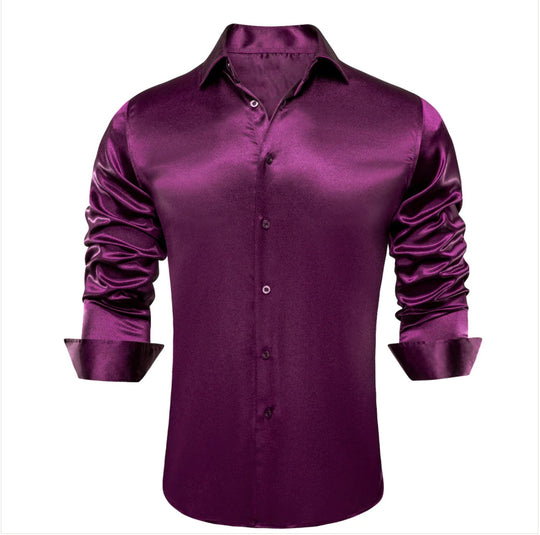 New Purple Satin Silk Men's Long Sleeve Shirt - CY - 0521 - SimonVon Shop