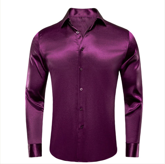 New Purple Satin Silk Men's Long Sleeve Shirt - CY - 0521 - SimonVon Shop