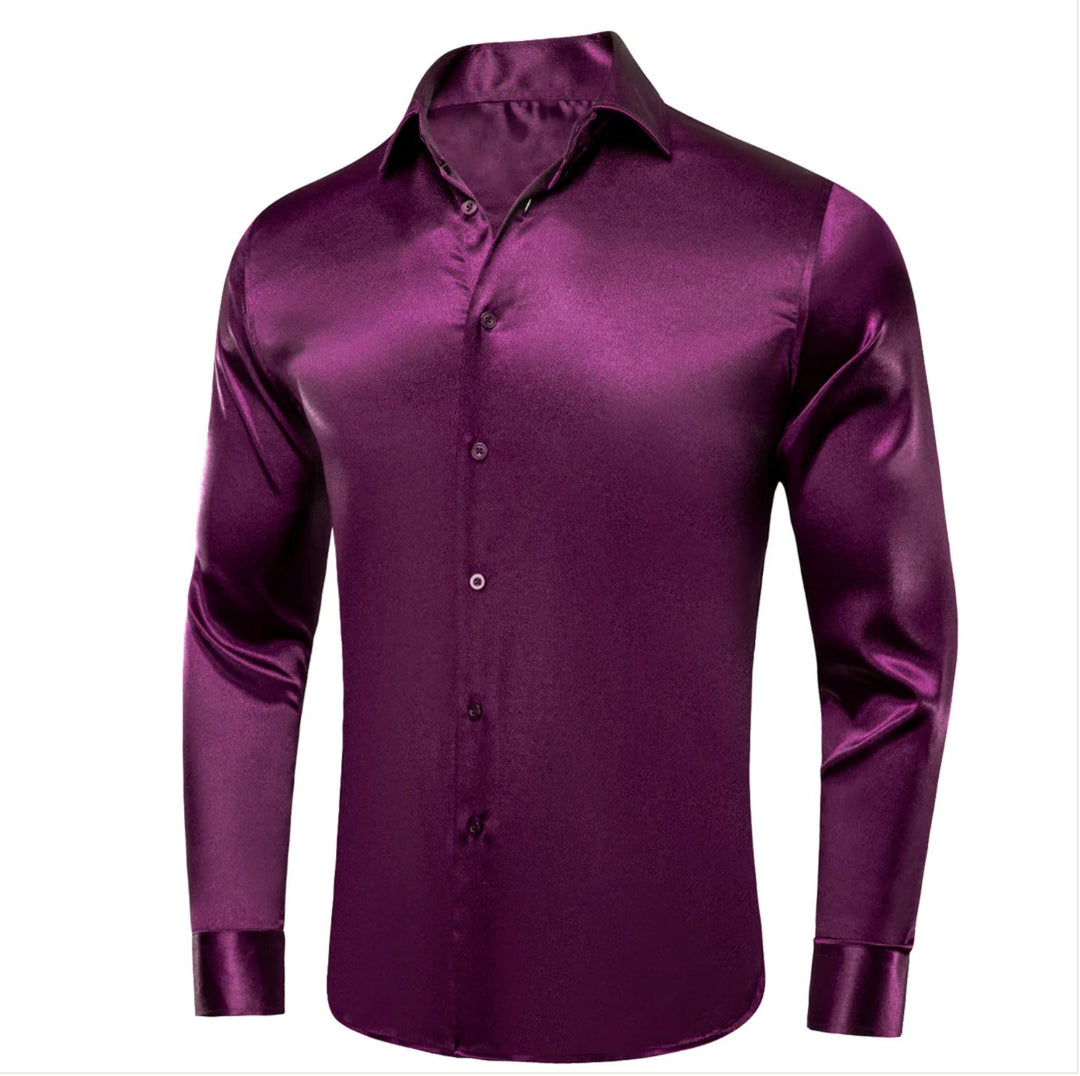 New Purple Satin Silk Men's Long Sleeve Shirt - CY - 0521 - SimonVon Shop