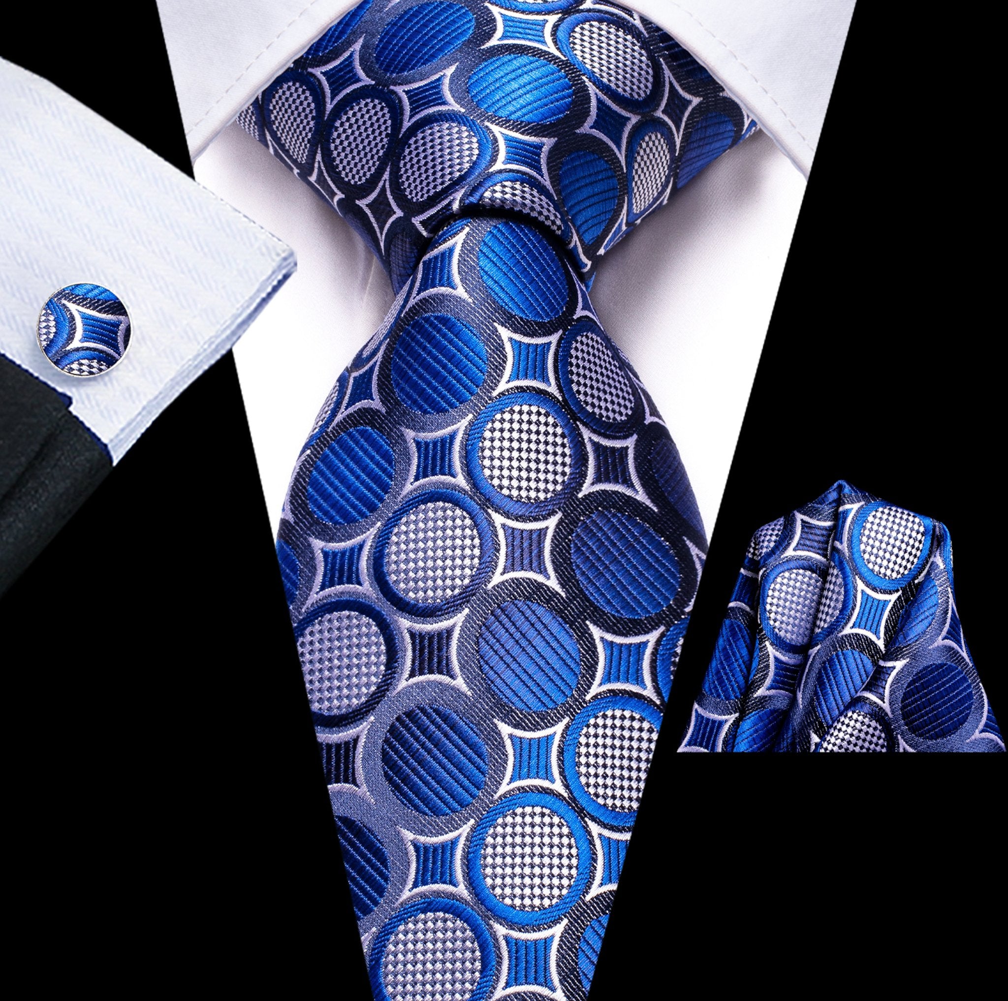 New Royal Blue White Circle Tie Pocket Square Cufflinks Set- N-3451 - SimonVon Shop