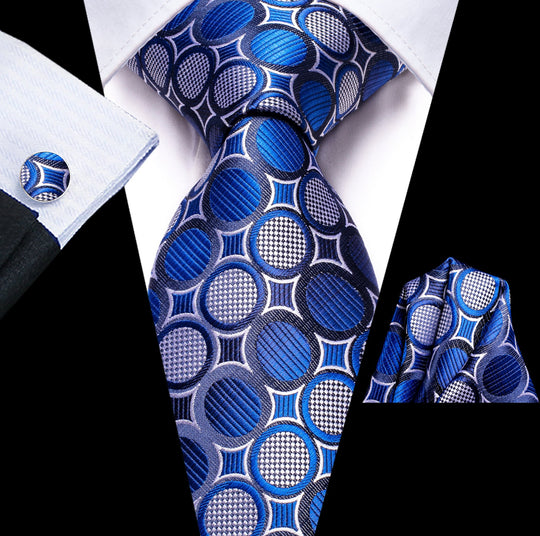 New Royal Blue White Circle Tie Pocket Square Cufflinks Set - N - 3451 - SimonVon Shop