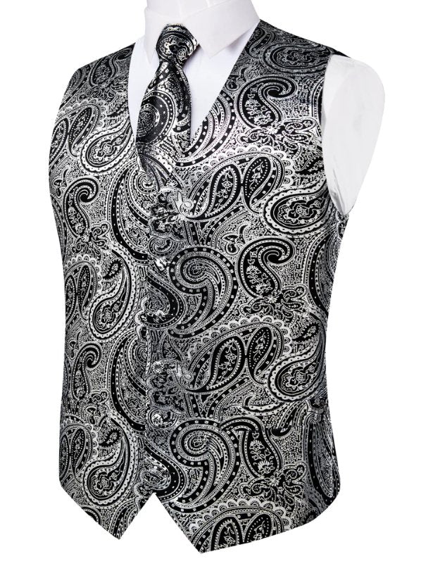 NEW SILVER BLACK PAISLEY JACQUARD SILK WAISTCOAT VEST TIE POCKET SQUARE CUFFLINKS SET - MJ - 0606 - SimonVon Shop