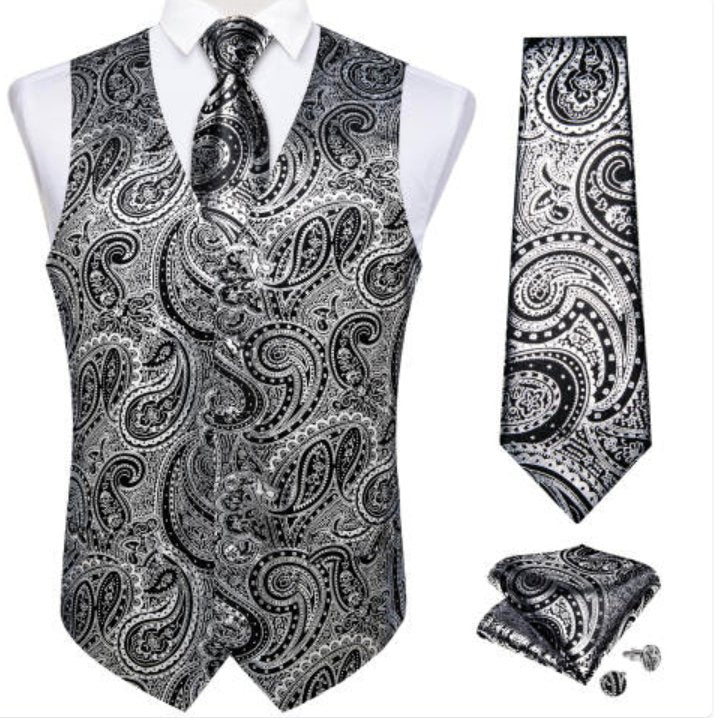 NEW SILVER BLACK PAISLEY JACQUARD SILK WAISTCOAT VEST TIE POCKET SQUARE CUFFLINKS SET - MJ - 0606 - SimonVon Shop