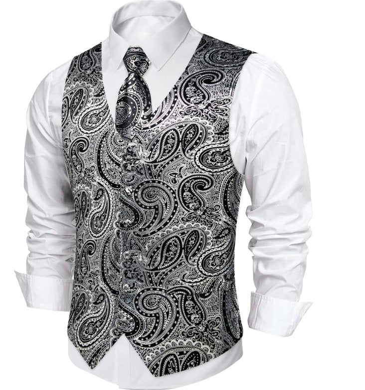 NEW SILVER BLACK PAISLEY JACQUARD SILK WAISTCOAT VEST TIE POCKET SQUARE CUFFLINKS SET - MJ - 0606 - SimonVon Shop