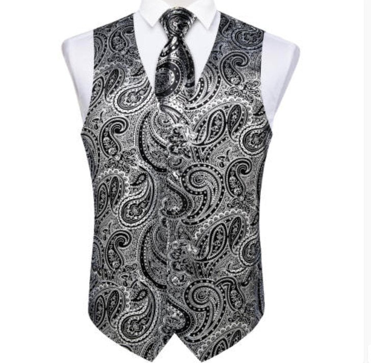 NEW SILVER BLACK PAISLEY JACQUARD SILK WAISTCOAT VEST TIE POCKET SQUARE CUFFLINKS SET - MJ - 0606 - SimonVon Shop