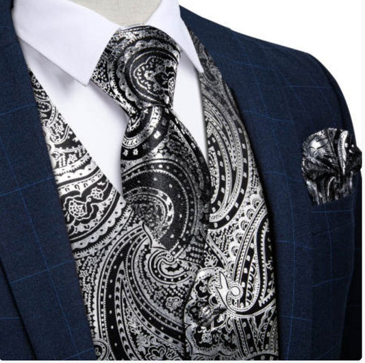 NEW SILVER BLACK PAISLEY JACQUARD SILK WAISTCOAT VEST TIE POCKET SQUARE CUFFLINKS SET - MJ - 0606 - SimonVon Shop