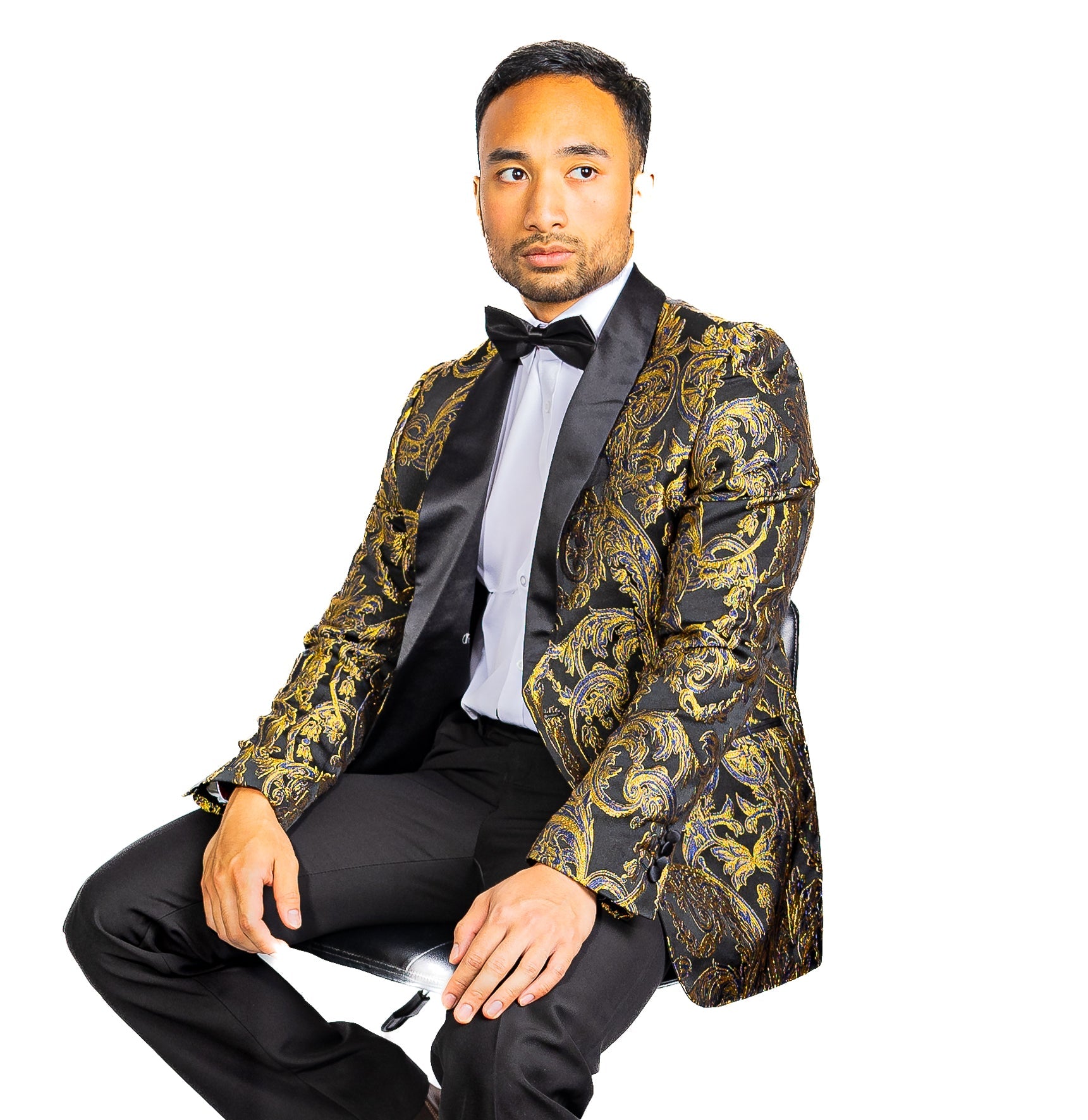 New Simon Von Men'sGolden Blue Black Paisley Jacquard Blazer Elegant Banquet Wedding Jacket-XX-1009 - SimonVon Shop
