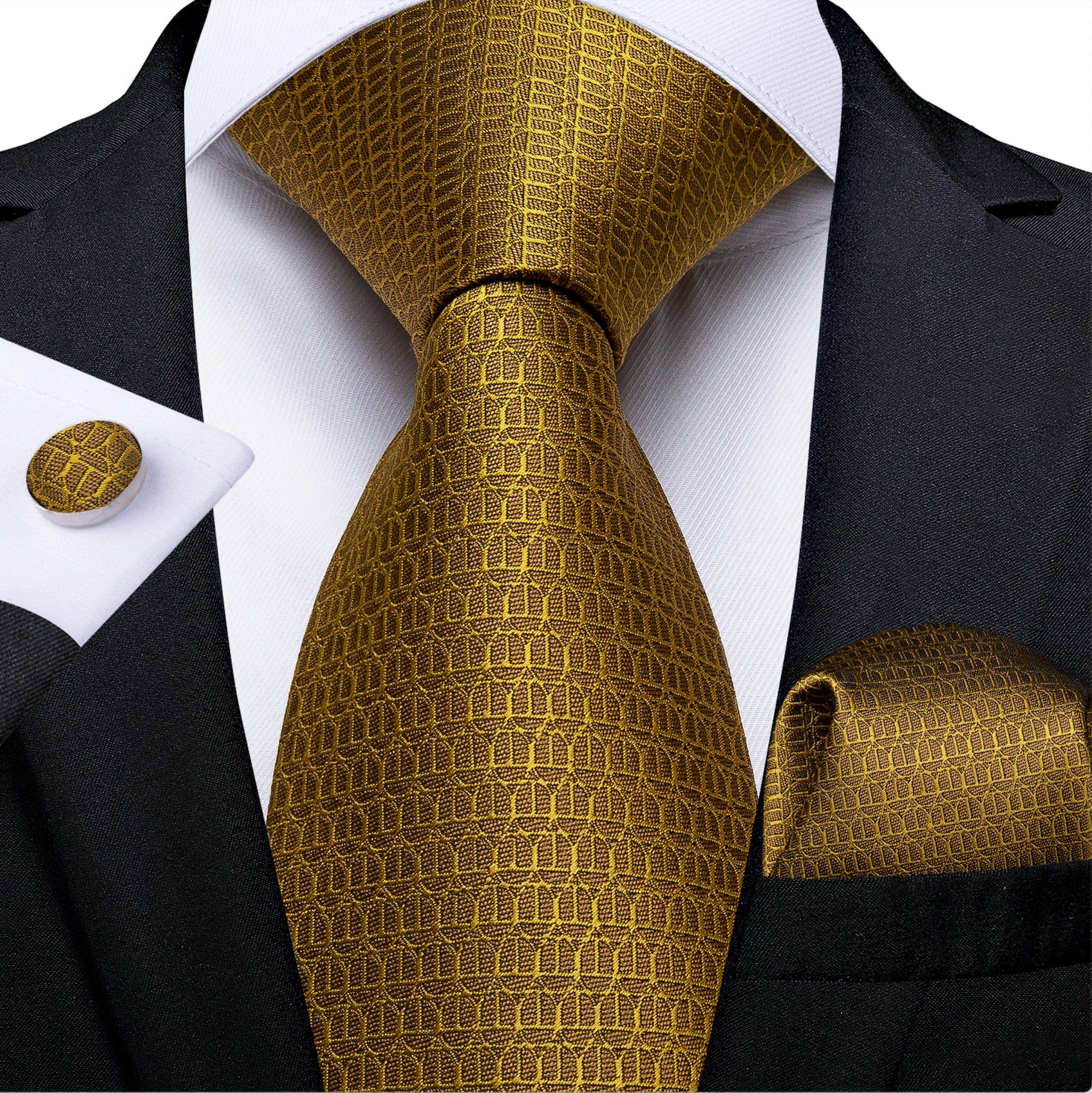 New Solid Golden Tie Pocket Square Cufflinks Set - N-7341 - SimonVon Shop