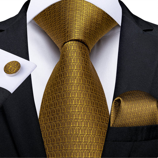 New Solid Golden Tie Pocket Square Cufflinks Set - N - 7341 - SimonVon Shop