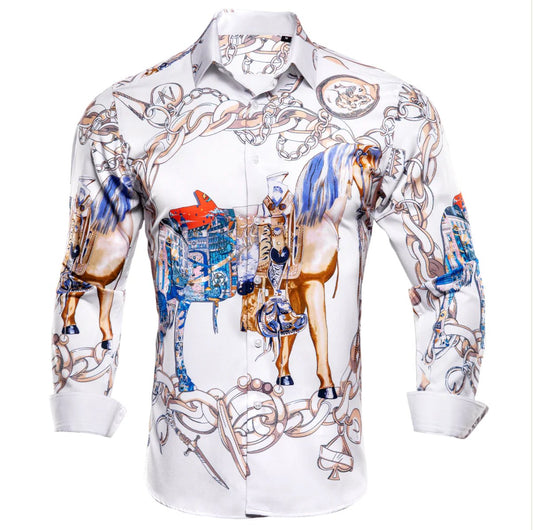 New White Horse Animal Print Novelty Men's Shirt - CY - 1024 - SimonVon Shop