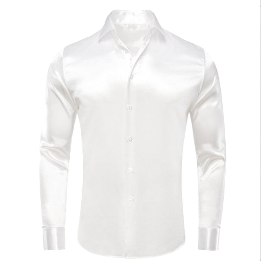 New White Satin Silk Men's Long Sleeve Shirt - CY - 1513 - SimonVon Shop