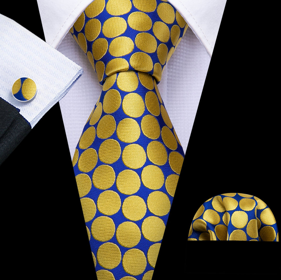 New Yellow Blue Polka Dot Silk Tie Hanky Cufflinks Set - N - 5333 - SimonVon Shop