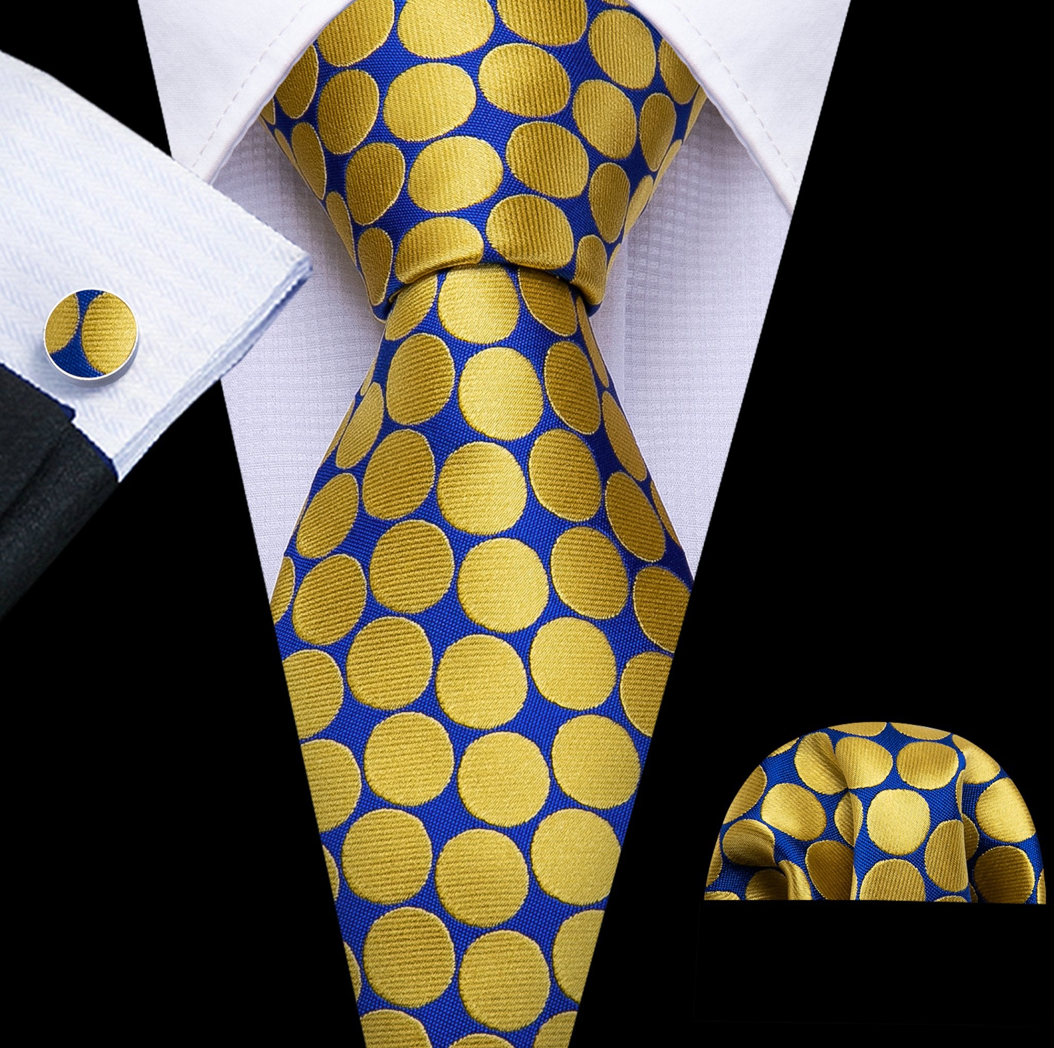 New Yellow Blue Polka Dot Silk Tie Hanky Cufflinks Set-N-5333 - SimonVon Shop
