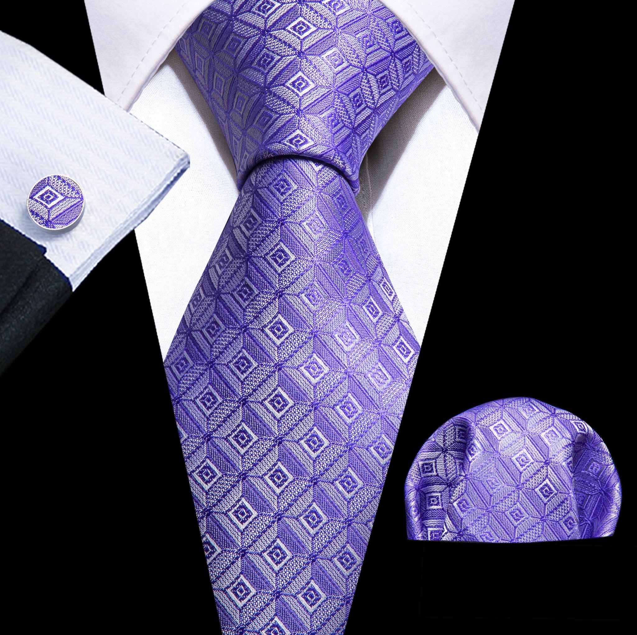 Novelty Light Purple Plaid Silk Tie Handkerchief Cufflinks Set-N-6233 - SimonVon Shop