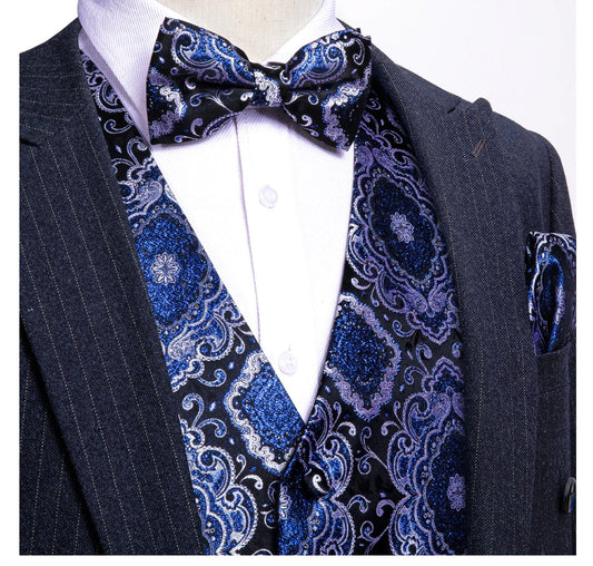 Novelty Men's Blue Black Geometry Paisley Silk Vest Bowie Pocket square Cufflinks - MJ - 2505 - SimonVon Shop