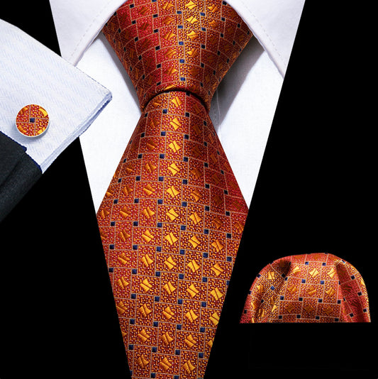 Novelty Orange Blue Plaid Silk Tie Pocket Square Cufflinks Set - N - 6406 - SimonVon Shop