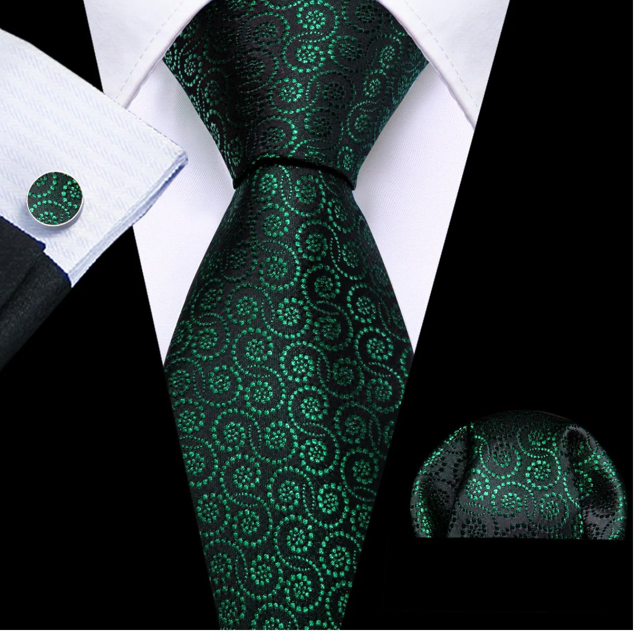 Novetly Green Floral Silk Tie Handkerchief Cufflinks Set- N6551 - SimonVon Shop