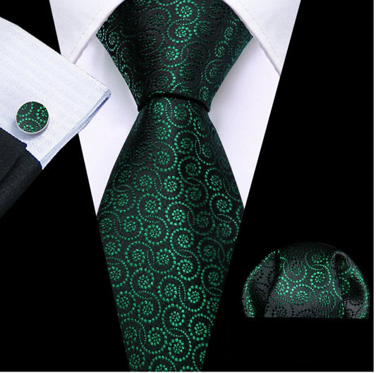 Novetly Green Floral Silk Tie Handkerchief Cufflinks Set - N6551 - SimonVon Shop