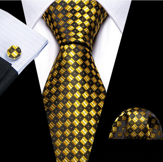 Novetly Yellow Black Plaid Silk Tie Handkerchief Cufflinks Set - N - 6140 - SimonVon Shop