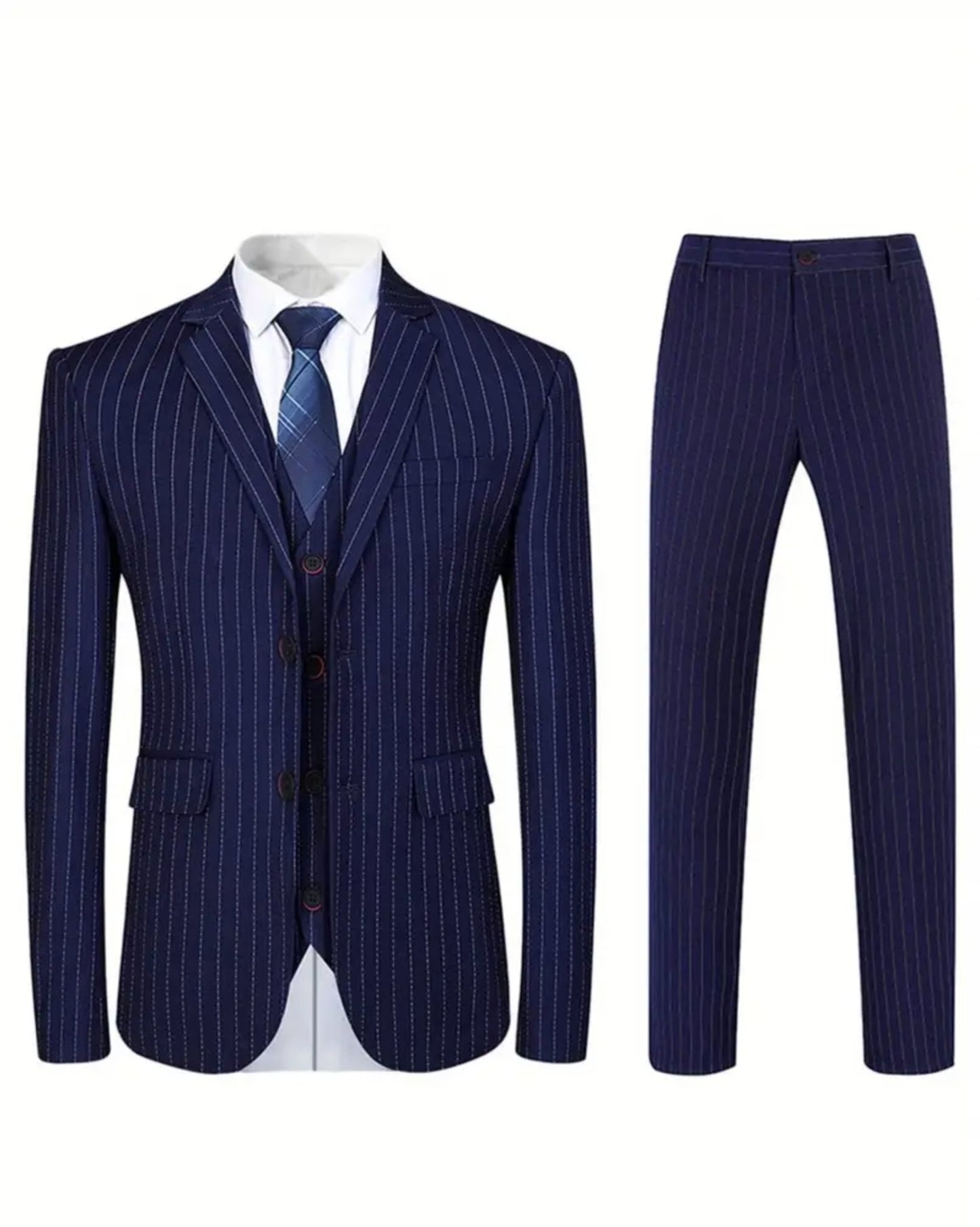 One Button Men's Striped Three - piece Suit, Jacket + Vest + Pants, Wedding Party Formal Wear, Plaid Suit - UY308017 - SimonVon Shop