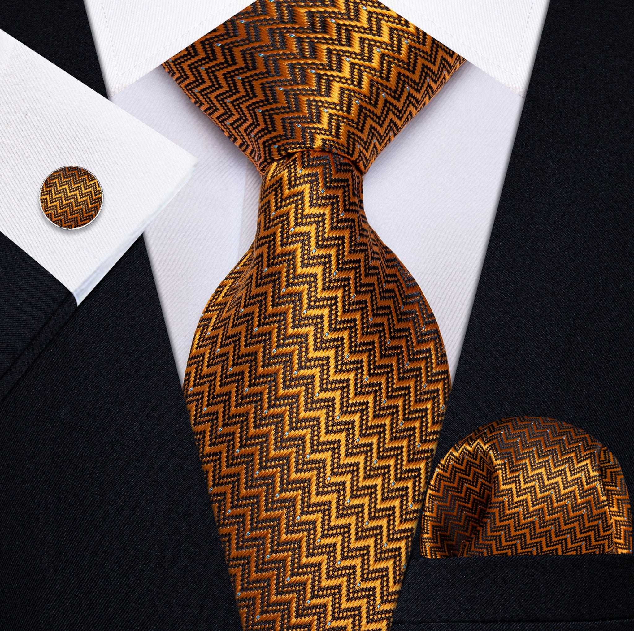 ORANGE BLACK NOVELTY TIE POCKET SQUARE CUFFLINKS SET-N-9543 - SimonVon Shop