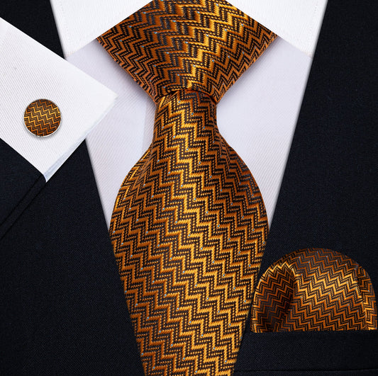 ORANGE BLACK NOVELTY TIE POCKET SQUARE CUFFLINKS SET - N - 9543 - SimonVon Shop