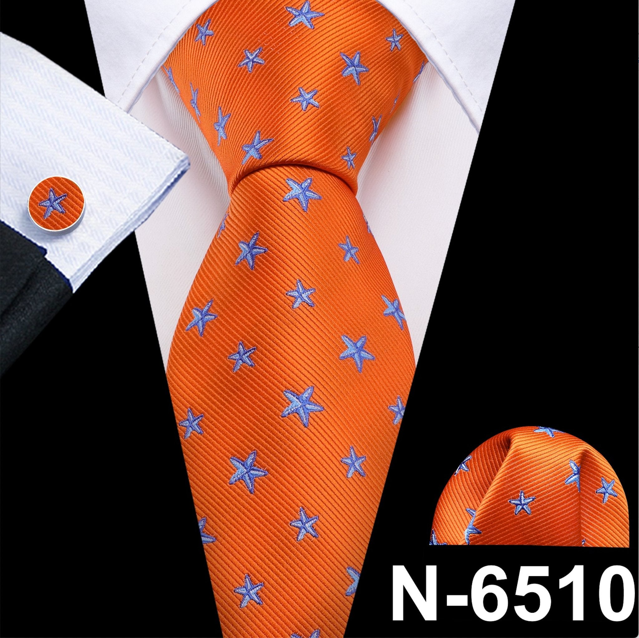 Orange Blue Star Silk Tie Pocket Square Cufflinks Set- N-6510 - SimonVon Shop