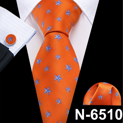 Orange Blue Star Silk Tie Pocket Square Cufflinks Set - N - 6510 - SimonVon Shop