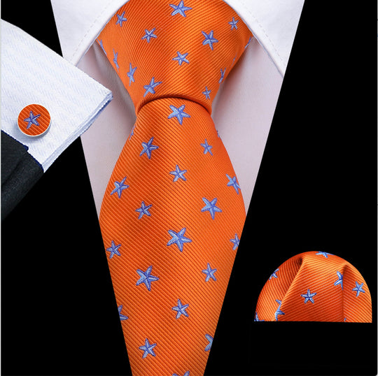 Orange Blue Star Silk Tie Pocket Square Cufflinks Set - N - 6510 - SimonVon Shop